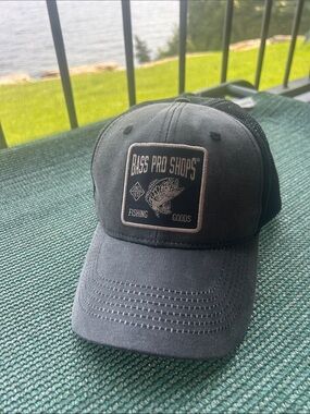 Bass Pro Shops Black and Cream Embroidered Fishing Patch Trucker Hat